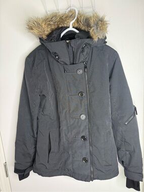 Powder Room Women’s Gray Hooded Double Zipper Winter Coat with Faux Fur Trim XS